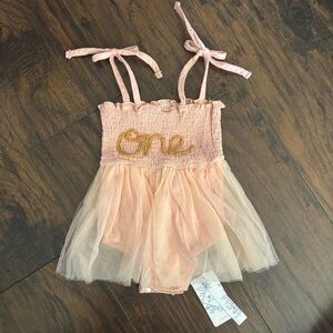 Peach Tulle Romper with Gold 'One' Embroidery